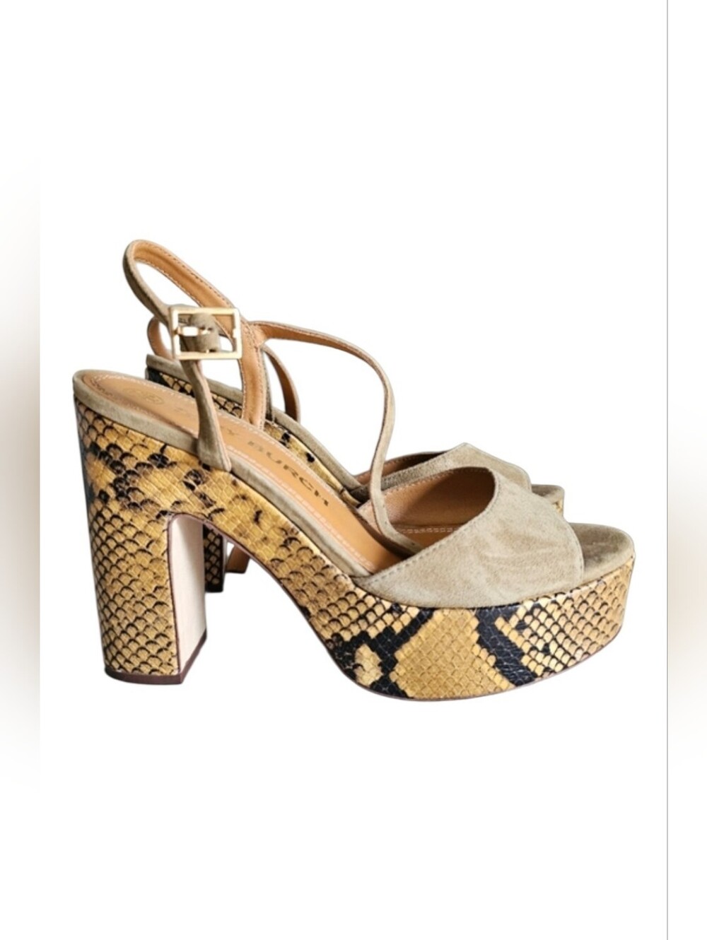 Tory Burch Tan Suede Snake Print Platform Heels Sandals Statement Shoes Sz 7.5